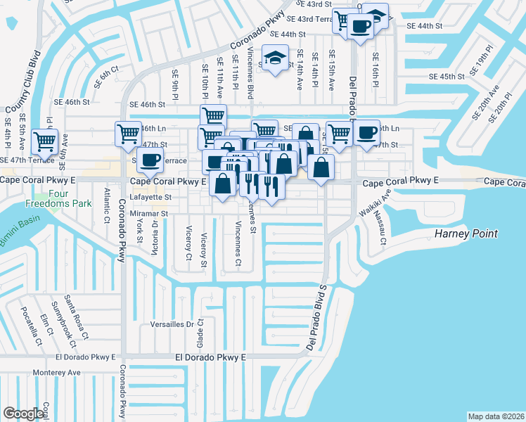 map of restaurants, bars, coffee shops, grocery stores, and more near 1210 Miramar Street in Cape Coral