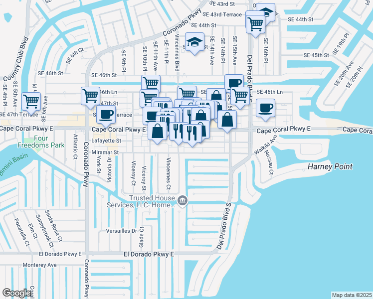 map of restaurants, bars, coffee shops, grocery stores, and more near 1210 Miramar Street in Cape Coral