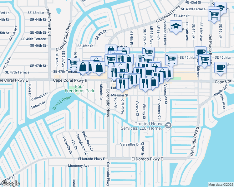 map of restaurants, bars, coffee shops, grocery stores, and more near 817 Miramar Street in Cape Coral