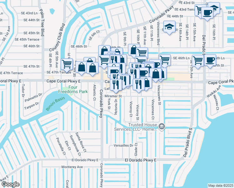 map of restaurants, bars, coffee shops, grocery stores, and more near 104 Miramar Street in Cape Coral