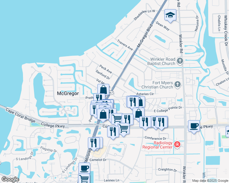 map of restaurants, bars, coffee shops, grocery stores, and more near 12515 McGregor Boulevard in Fort Myers