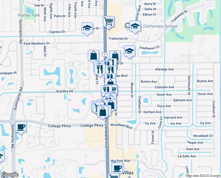 map of restaurants, bars, coffee shops, grocery stores, and more near 12499-12519 S Cleveland Ave in Fort Myers