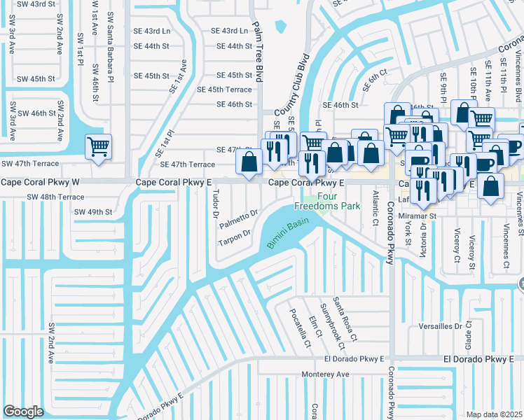map of restaurants, bars, coffee shops, grocery stores, and more near 426 Tudor Drive in Cape Coral