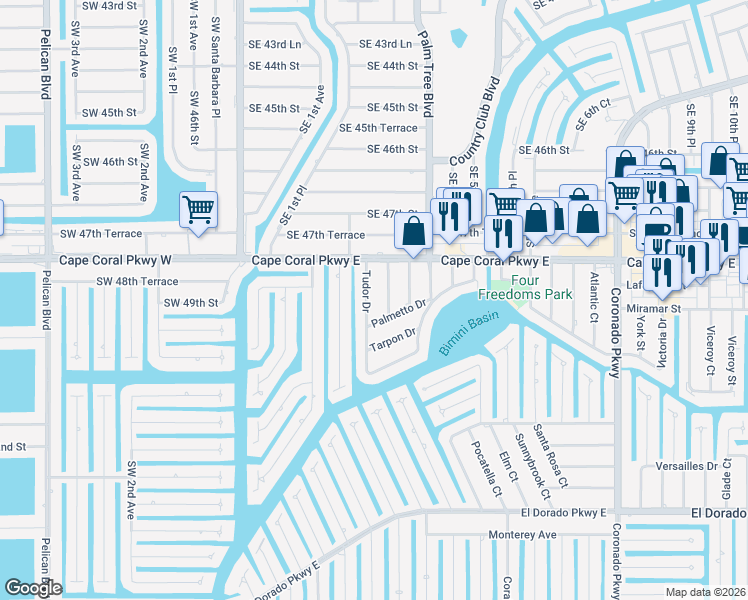 map of restaurants, bars, coffee shops, grocery stores, and more near 4838 Tudor Drive in Cape Coral