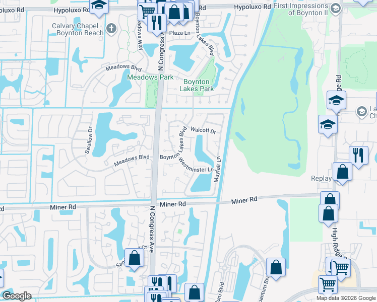 map of restaurants, bars, coffee shops, grocery stores, and more near 25 Fawlkland Circle in Boynton Beach