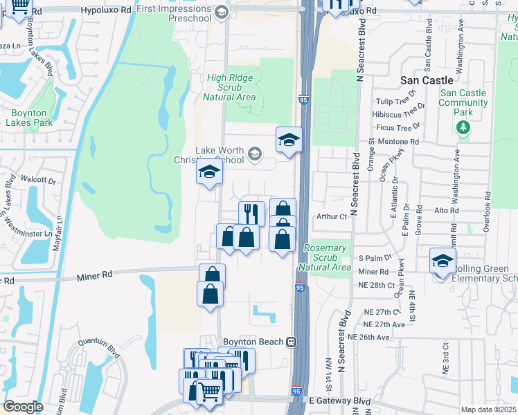 map of restaurants, bars, coffee shops, grocery stores, and more near 220 Birch Street in Boynton Beach