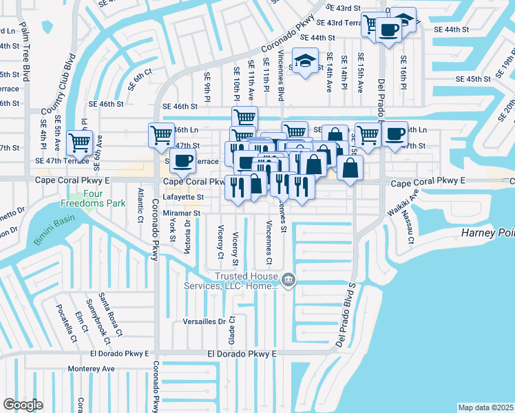 map of restaurants, bars, coffee shops, grocery stores, and more near 4913 Vincennes Court in Cape Coral