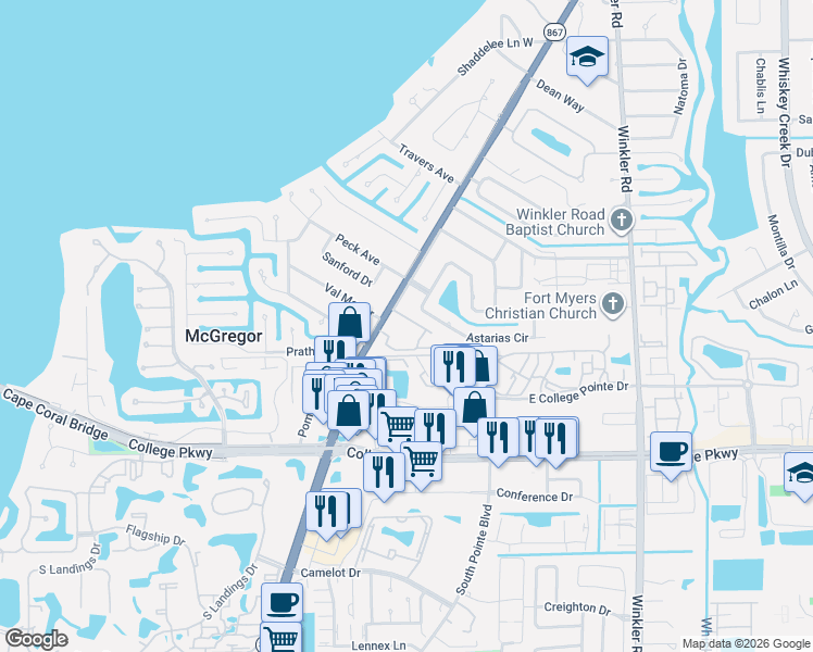 map of restaurants, bars, coffee shops, grocery stores, and more near 12515 McGregor Boulevard in Fort Myers