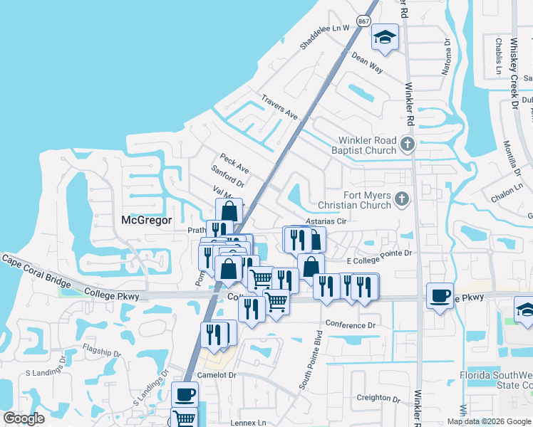 map of restaurants, bars, coffee shops, grocery stores, and more near 12515 McGregor Boulevard in Fort Myers