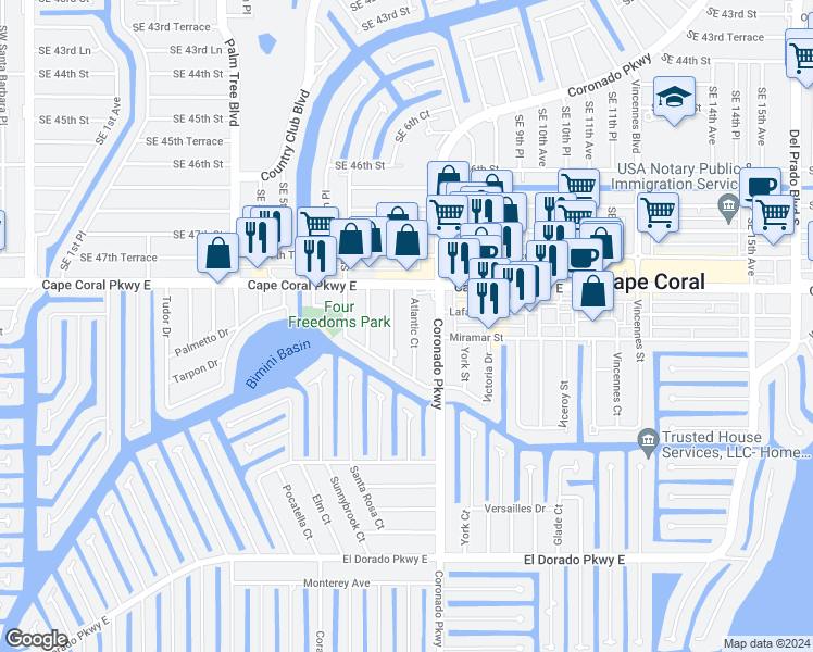 map of restaurants, bars, coffee shops, grocery stores, and more near 4819 Manor Court in Cape Coral