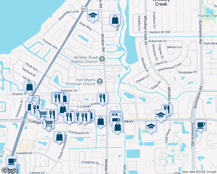 map of restaurants, bars, coffee shops, grocery stores, and more near 5902 Winkler Road in Fort Myers