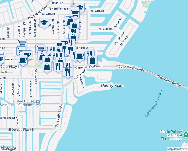 map of restaurants, bars, coffee shops, grocery stores, and more near 1725 Bikini Court in Cape Coral