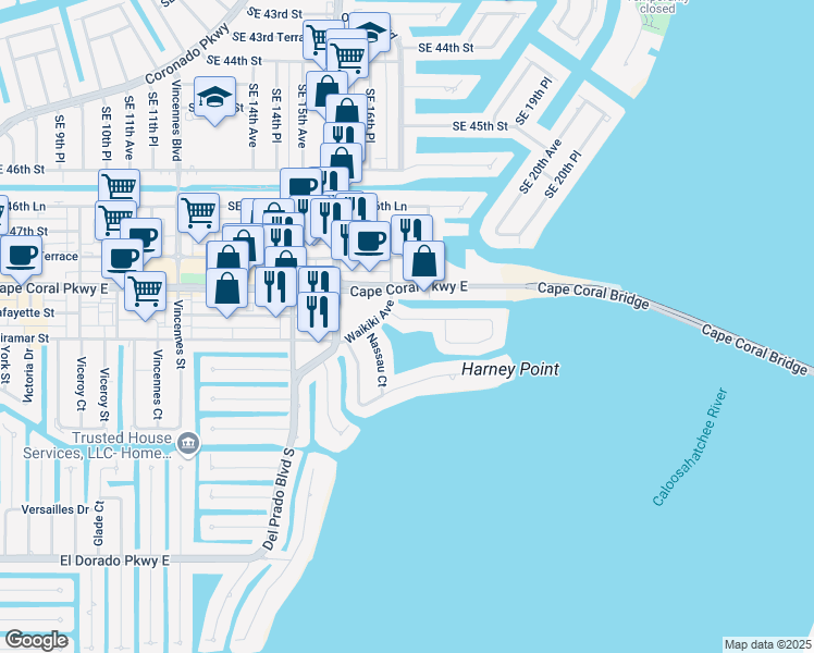 map of restaurants, bars, coffee shops, grocery stores, and more near 1714 Bikini Court in Cape Coral