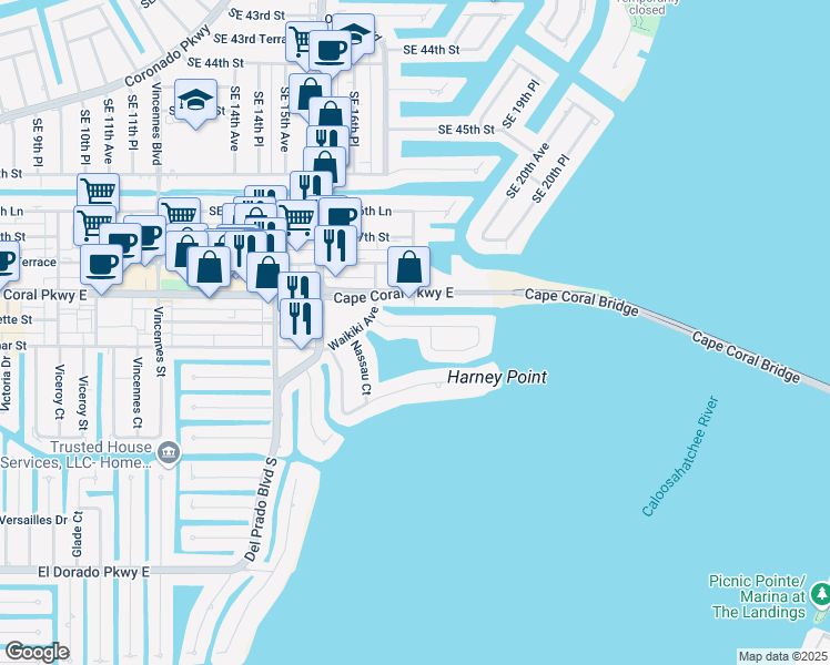 map of restaurants, bars, coffee shops, grocery stores, and more near 1725 Bikini Court in Cape Coral