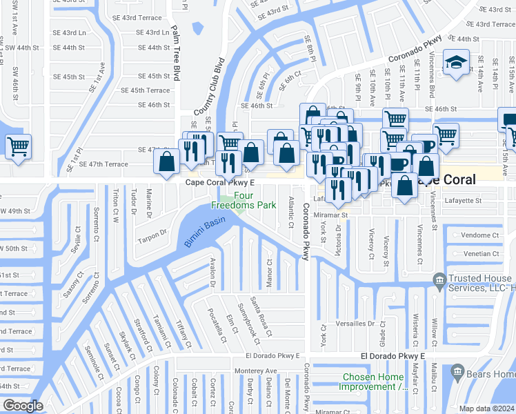 map of restaurants, bars, coffee shops, grocery stores, and more near 4826 Triton Court East in Cape Coral