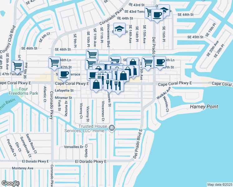 map of restaurants, bars, coffee shops, grocery stores, and more near 1211 Lafayette Street in Cape Coral