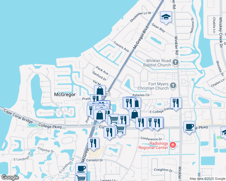 map of restaurants, bars, coffee shops, grocery stores, and more near 12451 McGregor Boulevard in Fort Myers