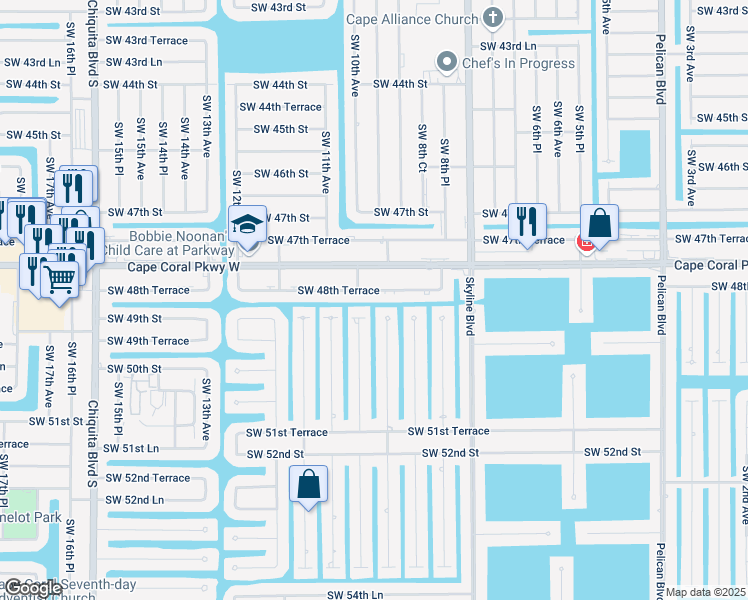 map of restaurants, bars, coffee shops, grocery stores, and more near 917 Southwest 48th Terrace in Cape Coral