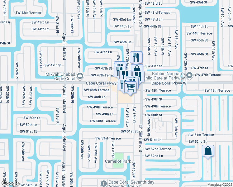 map of restaurants, bars, coffee shops, grocery stores, and more near 1716 Cape Coral Parkway West in Cape Coral