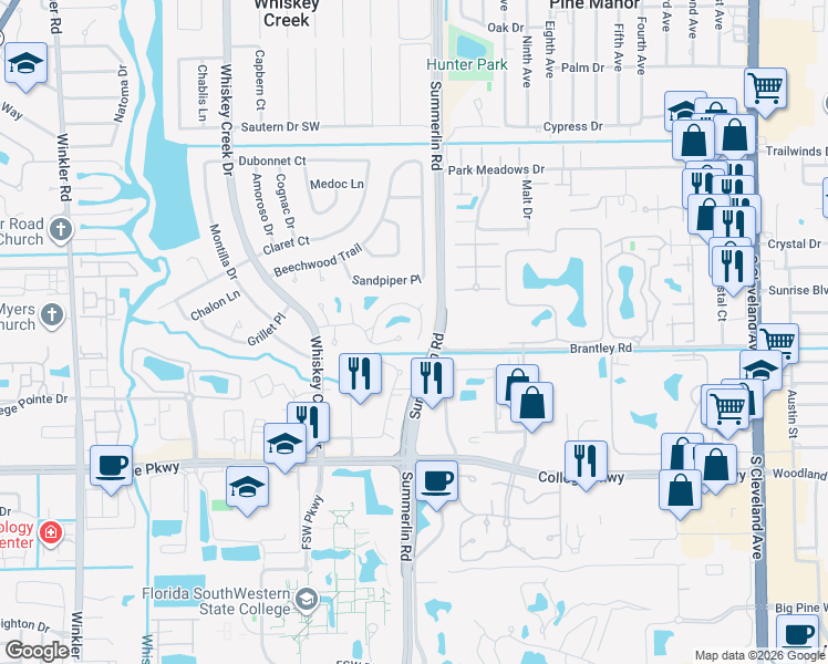 map of restaurants, bars, coffee shops, grocery stores, and more near 5837 Wild Fig Lane in Fort Myers