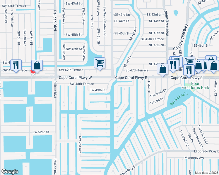 map of restaurants, bars, coffee shops, grocery stores, and more near 4821 Southwest Santa Barbara Court in Cape Coral