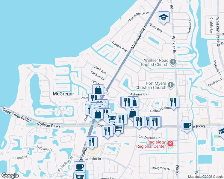 map of restaurants, bars, coffee shops, grocery stores, and more near 12451 McGregor Boulevard in Fort Myers