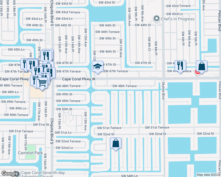map of restaurants, bars, coffee shops, grocery stores, and more near 1129 Southwest 48th Terrace in Cape Coral