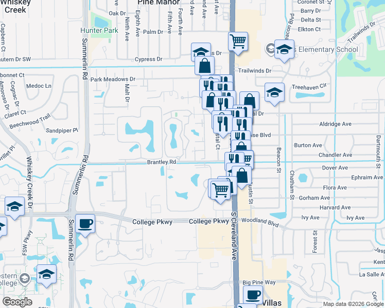map of restaurants, bars, coffee shops, grocery stores, and more near 7195 Lyle Terrace in Fort Myers