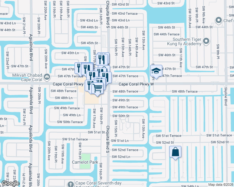 map of restaurants, bars, coffee shops, grocery stores, and more near 1528 Southwest 48th Terrace in Cape Coral