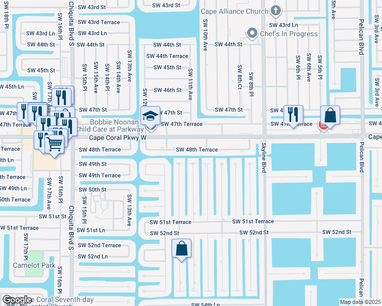 map of restaurants, bars, coffee shops, grocery stores, and more near 1109 Southwest 48th Terrace in Cape Coral