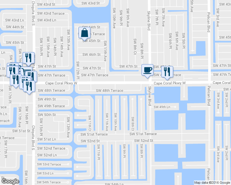 map of restaurants, bars, coffee shops, grocery stores, and more near 932 Southwest 48th Terrace in Cape Coral