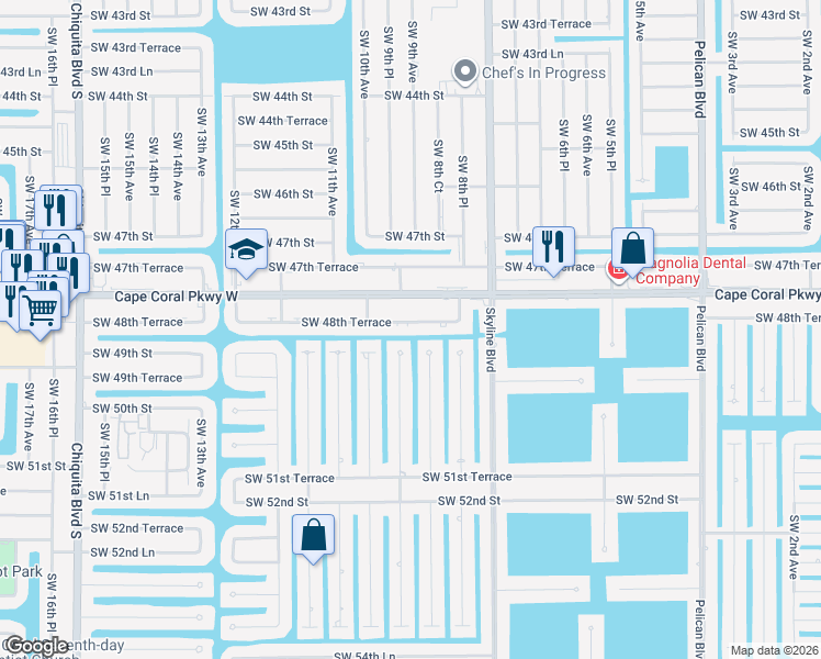 map of restaurants, bars, coffee shops, grocery stores, and more near 917 Southwest 48th Terrace in Cape Coral