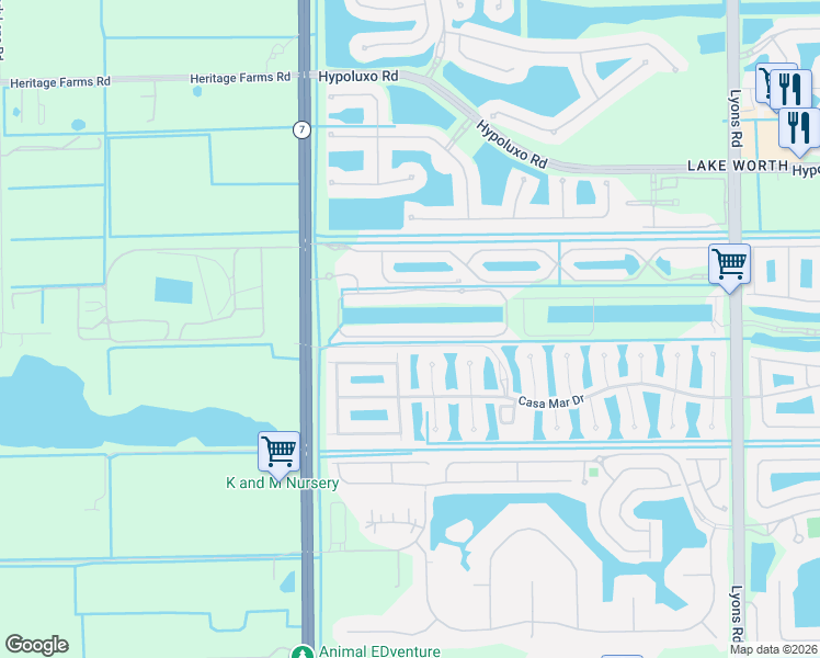 map of restaurants, bars, coffee shops, grocery stores, and more near 7560 Florida 7 in Lake Worth