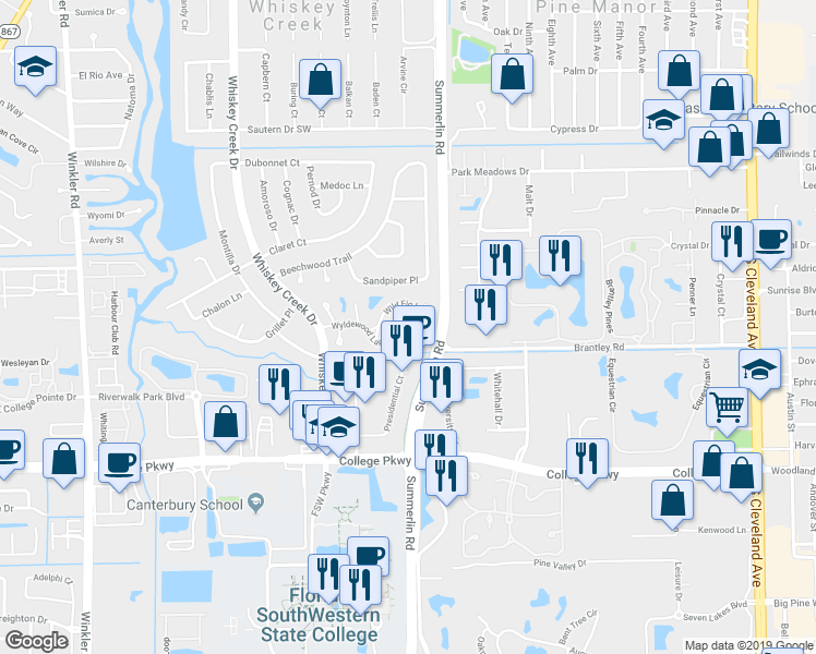 map of restaurants, bars, coffee shops, grocery stores, and more near 5882 Wyldewood Lakes Court in Fort Myers