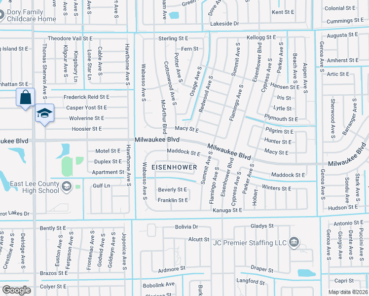map of restaurants, bars, coffee shops, grocery stores, and more near 933 Maddock Street East in Lehigh Acres