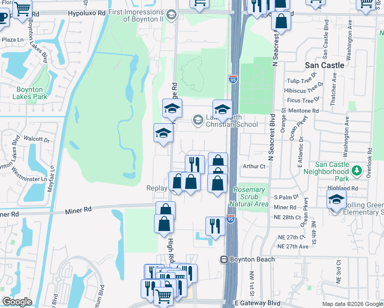 map of restaurants, bars, coffee shops, grocery stores, and more near 213 Elm Way in Boynton Beach