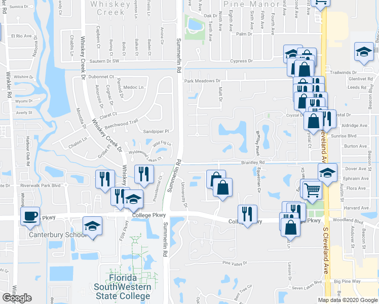 map of restaurants, bars, coffee shops, grocery stores, and more near 1539 Brantley Road in Fort Myers