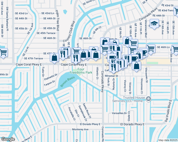 map of restaurants, bars, coffee shops, grocery stores, and more near 4814 Manor Court in Cape Coral