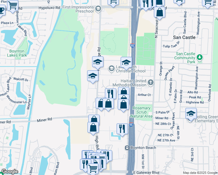 map of restaurants, bars, coffee shops, grocery stores, and more near 213 Elm Way in Boynton Beach