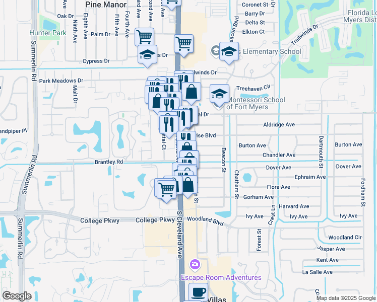 map of restaurants, bars, coffee shops, grocery stores, and more near 12453 South Cleveland Avenue in Fort Myers