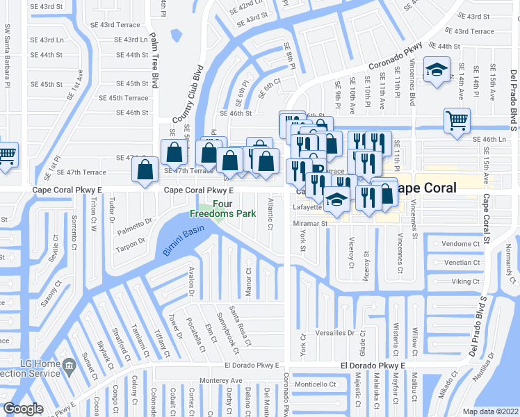 map of restaurants, bars, coffee shops, grocery stores, and more near 4811 Manor Court in Cape Coral