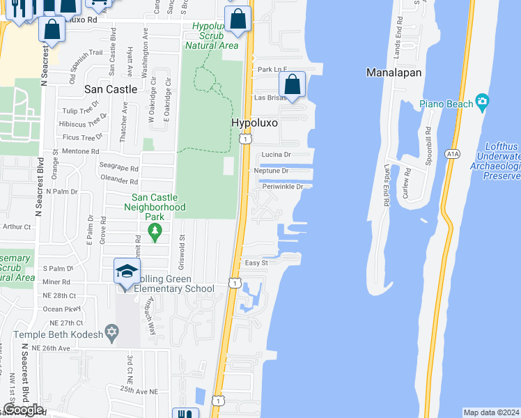 map of restaurants, bars, coffee shops, grocery stores, and more near 50 Scotia Drive in Hypoluxo