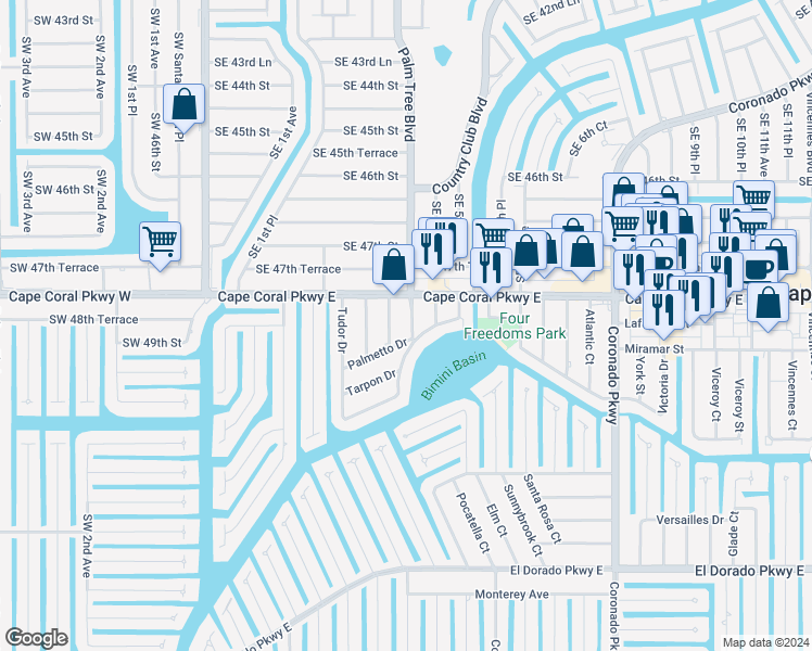 map of restaurants, bars, coffee shops, grocery stores, and more near 4812 Palm Tree Drive in Cape Coral
