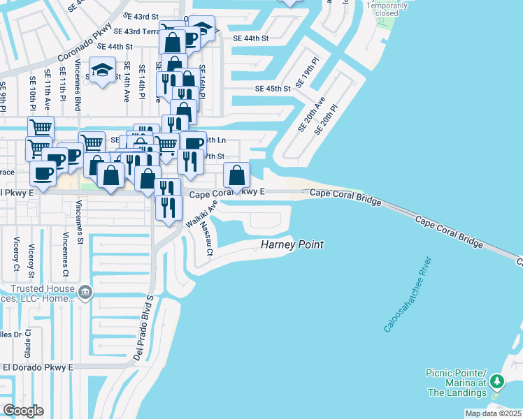 map of restaurants, bars, coffee shops, grocery stores, and more near 1749 Bikini Court in Cape Coral