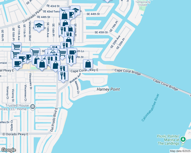 map of restaurants, bars, coffee shops, grocery stores, and more near 1749 Bikini Court in Cape Coral