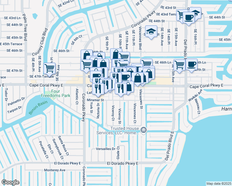 map of restaurants, bars, coffee shops, grocery stores, and more near 4813 Candia Street in Cape Coral
