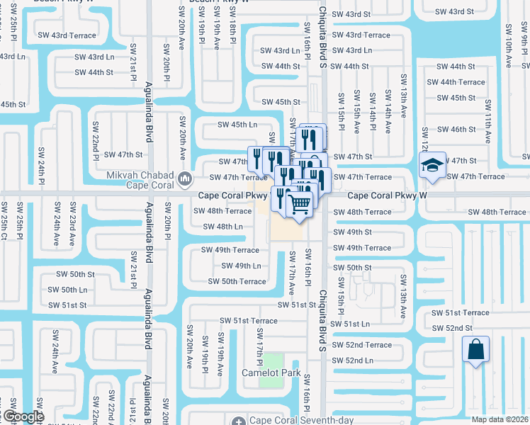 map of restaurants, bars, coffee shops, grocery stores, and more near 1803 Southwest 48th Terrace in Cape Coral