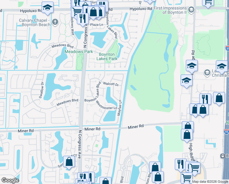 map of restaurants, bars, coffee shops, grocery stores, and more near 18 Winchmore Lane in Boynton Beach