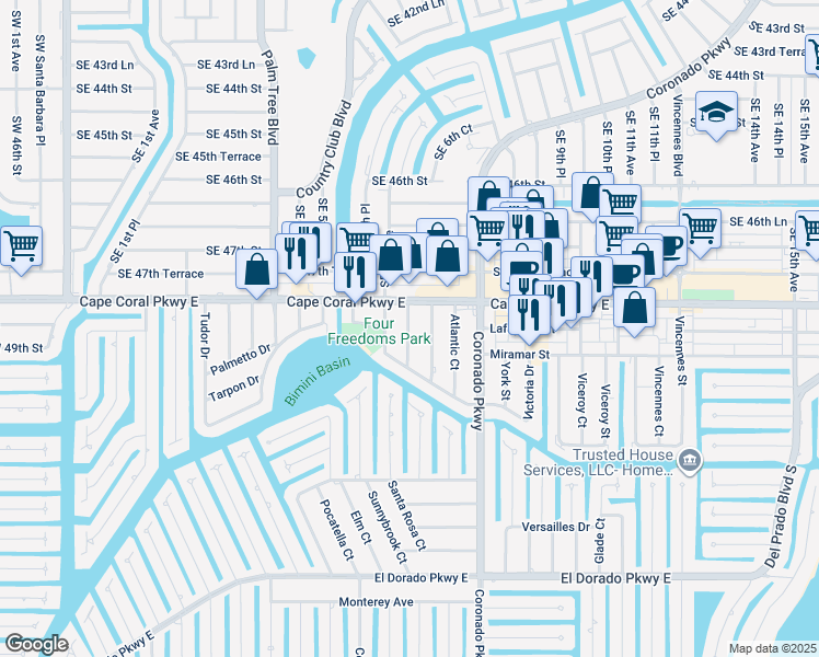 map of restaurants, bars, coffee shops, grocery stores, and more near 4814 Manor Court in Cape Coral