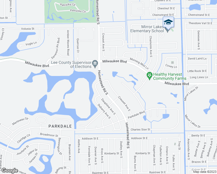 map of restaurants, bars, coffee shops, grocery stores, and more near 630 Creuset Avenue South in Lehigh Acres